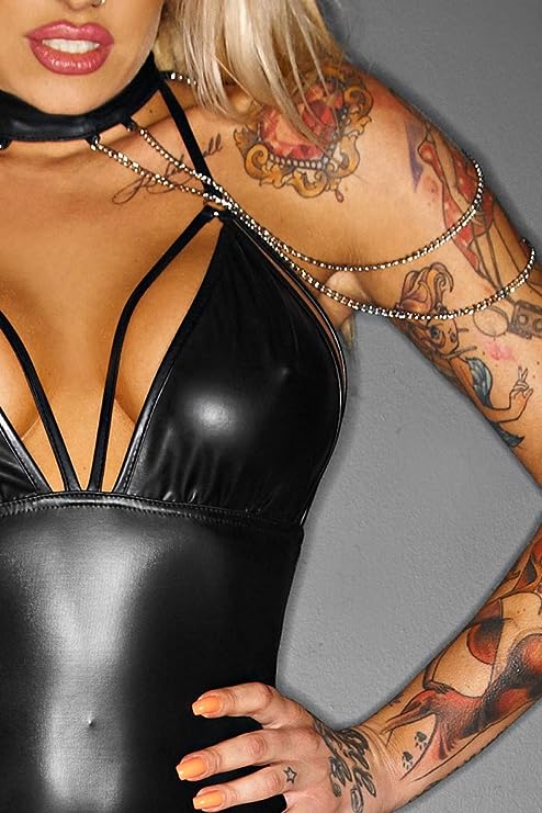 Black bodysuit with neckline straps and collar, bodice detail.