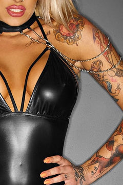 Black bodysuit with neckline straps and collar, bodice detail.