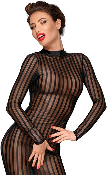 Black striped tulle dress with high neckline and long sleeves, front detail.