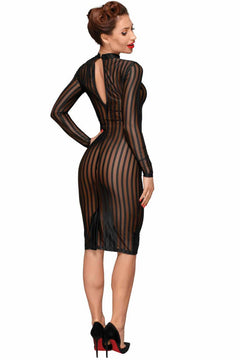 Black striped tulle dress with lace-trimmed open back, full-length rear view.