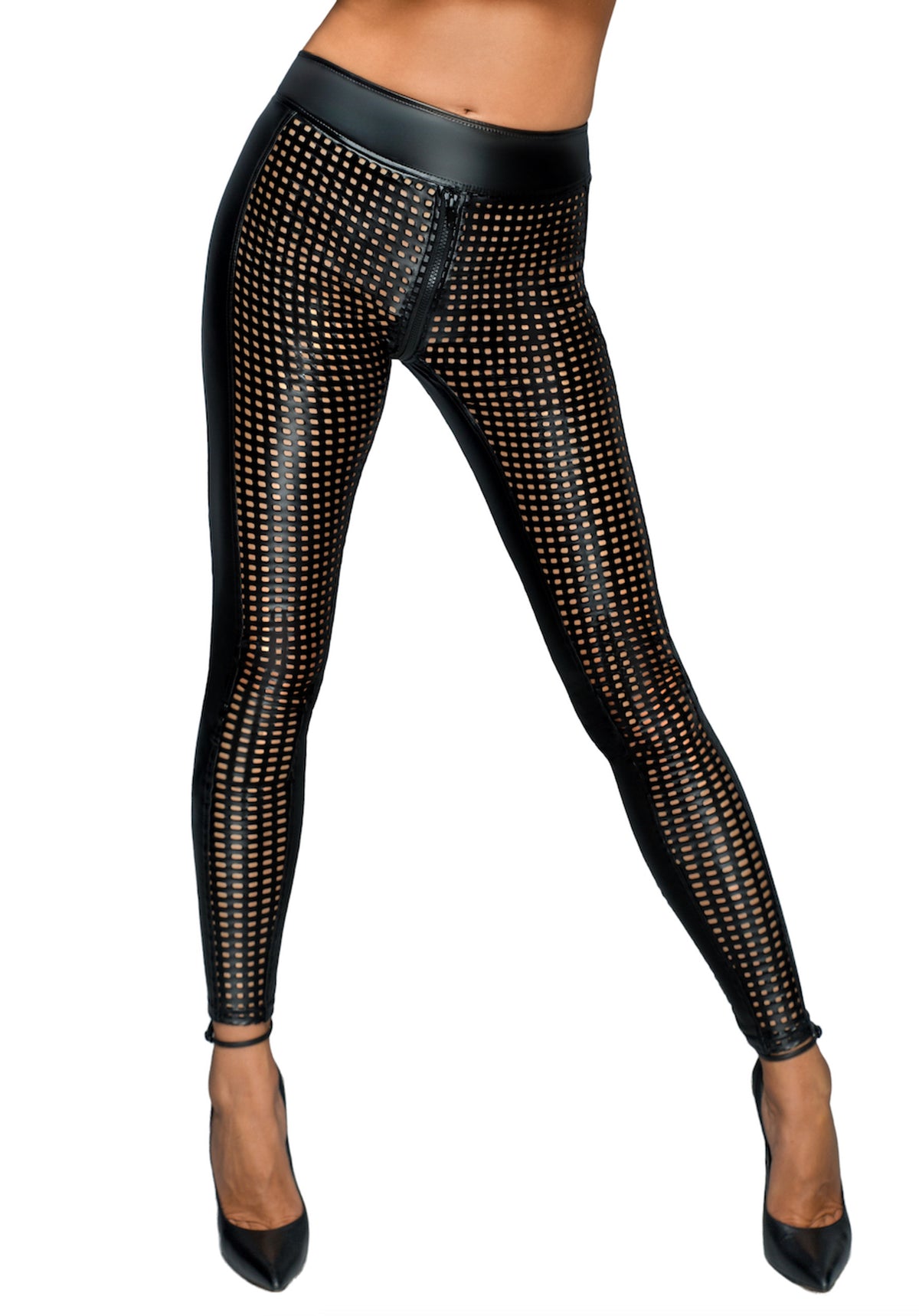 Black laser-cut leggings with waistband and front zipper, front view.
