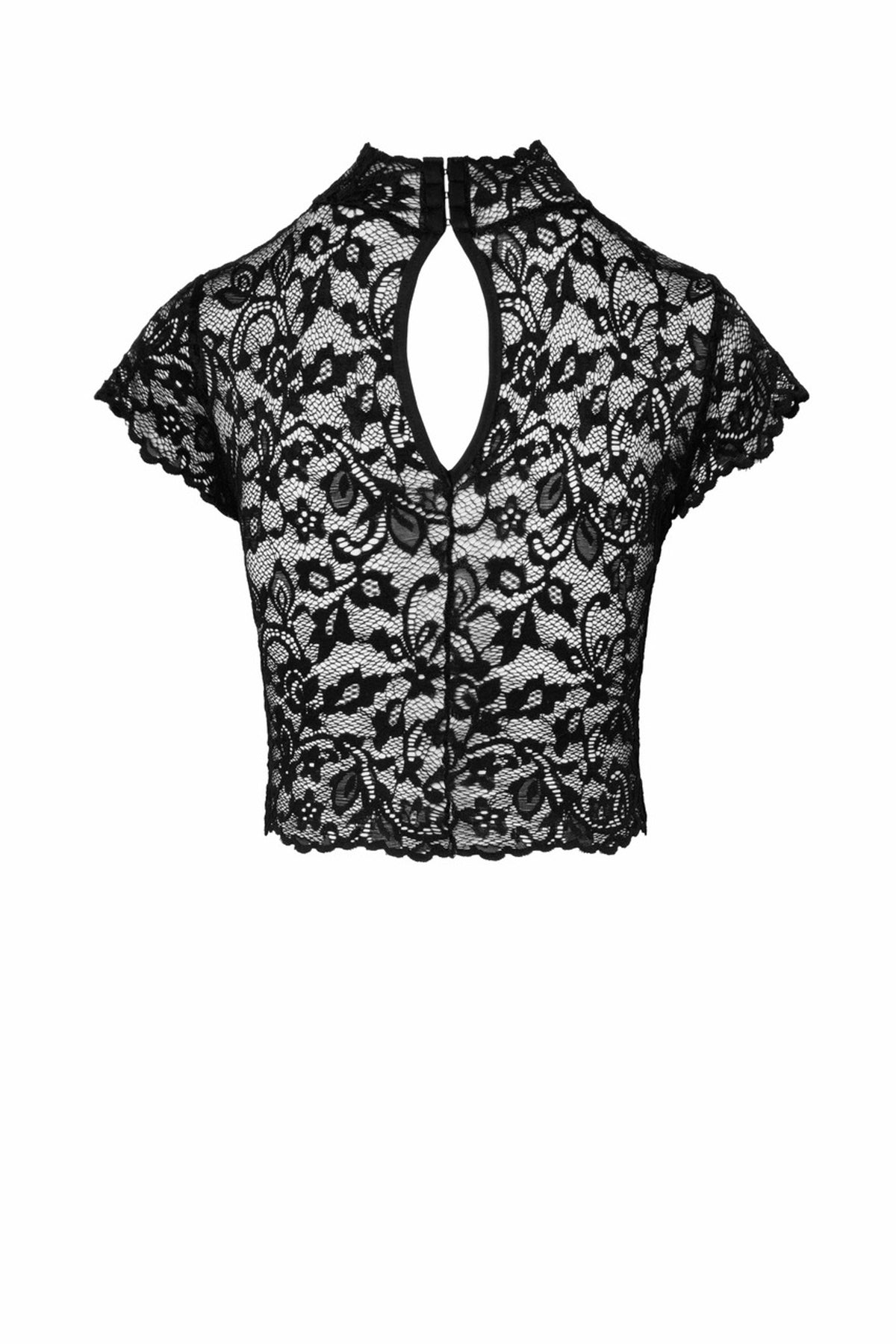Black Essence lace top with rear keyhole opening, flat rear view.