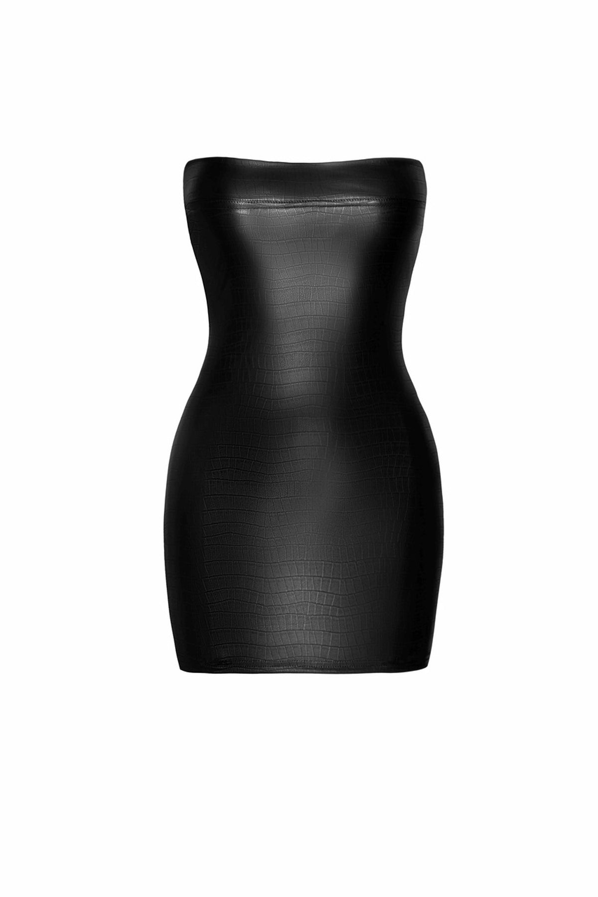 Black strapless crocodile-pattern wetlook mini dress, flat front view.