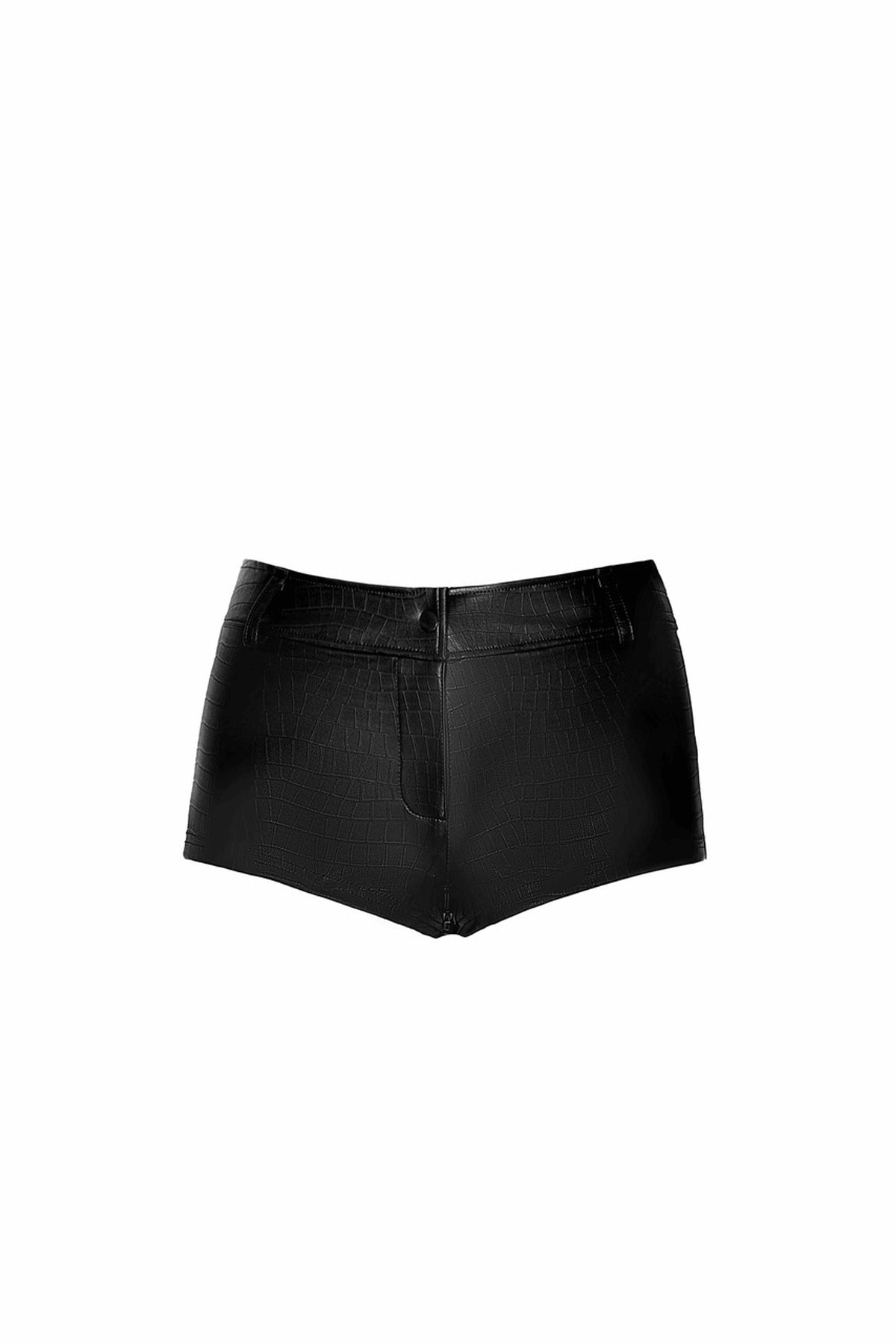 Black crocodile-pattern wetlook shorts, flat front view.