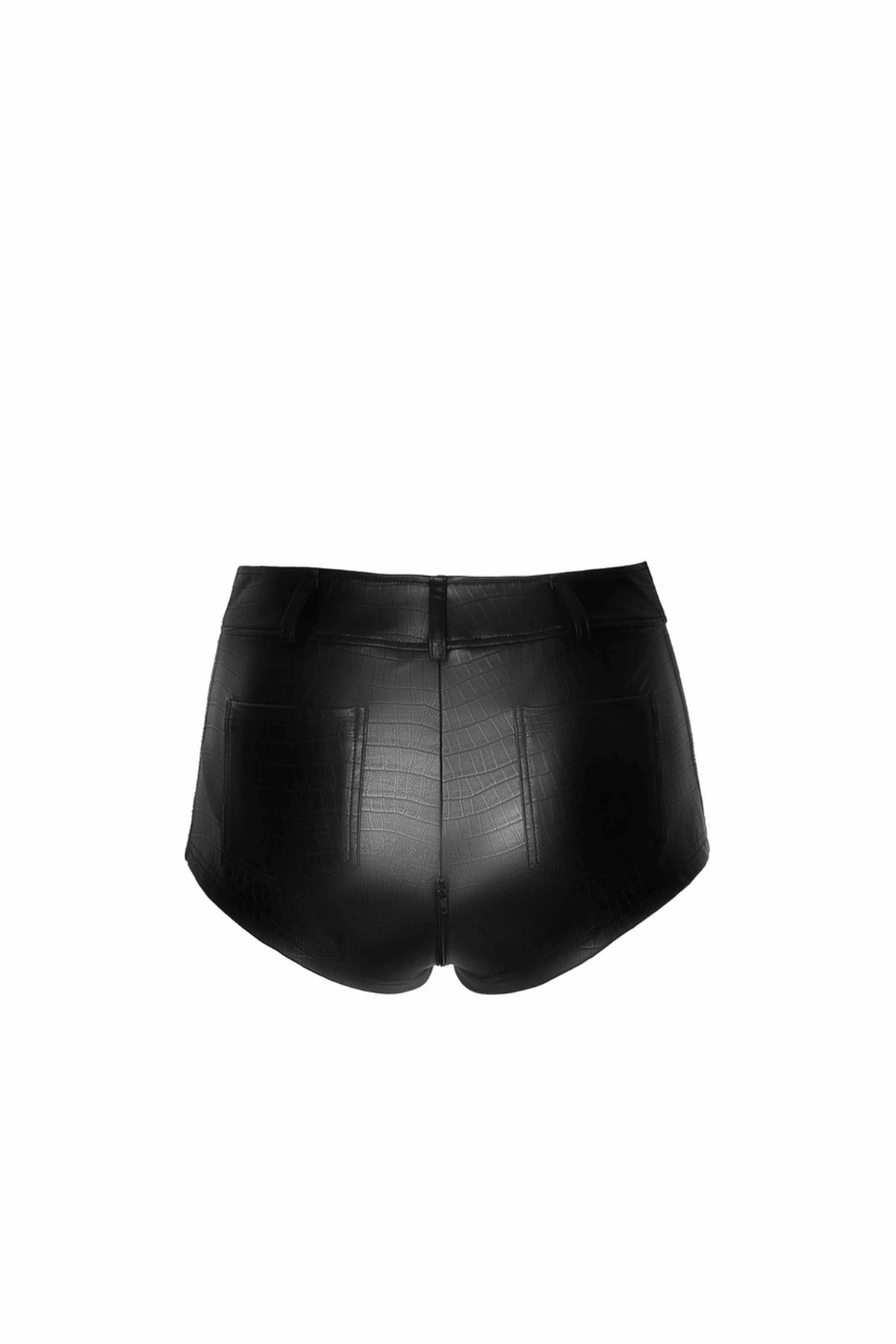 Black crocodile-pattern wetlook shorts with back pockets, flat rear view.