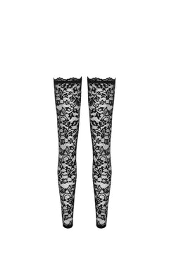 Pair of black floral lace stockings, flat product view.