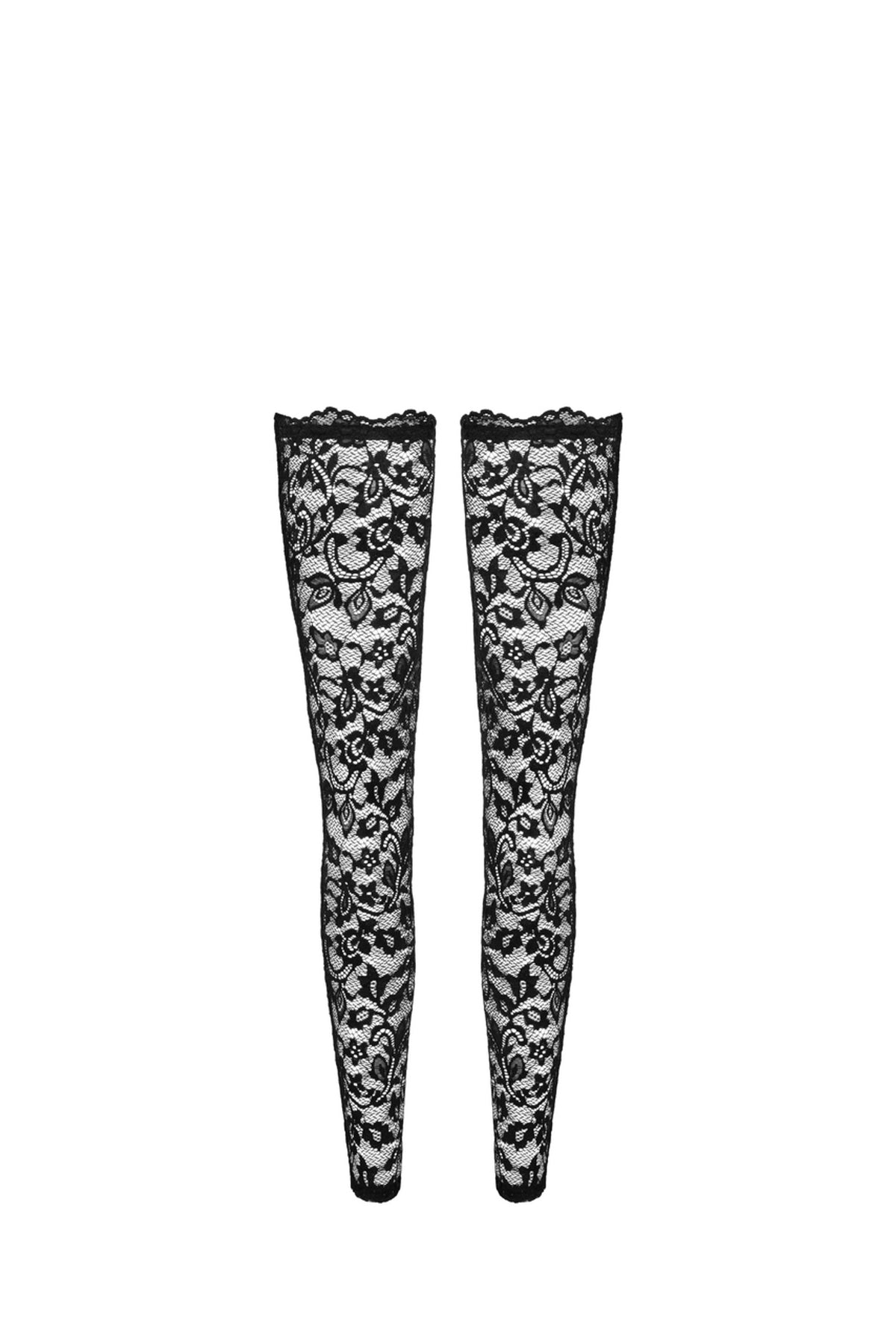 Black floral lace stockings, flat product view.