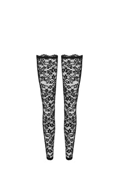 Black floral lace stockings, flat product view.
