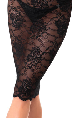 Black Nocturne lace midi dress, floral lace and scalloped-hem detail.