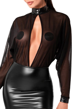 Black Opium mini dress, collar and sheer bodice detail.