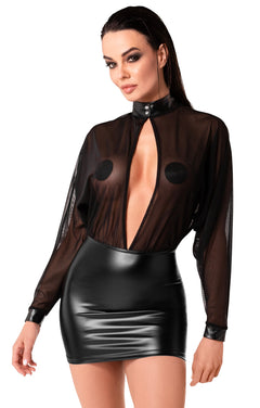 Black Opium mini dress with sheer long sleeves, front three-quarter view.