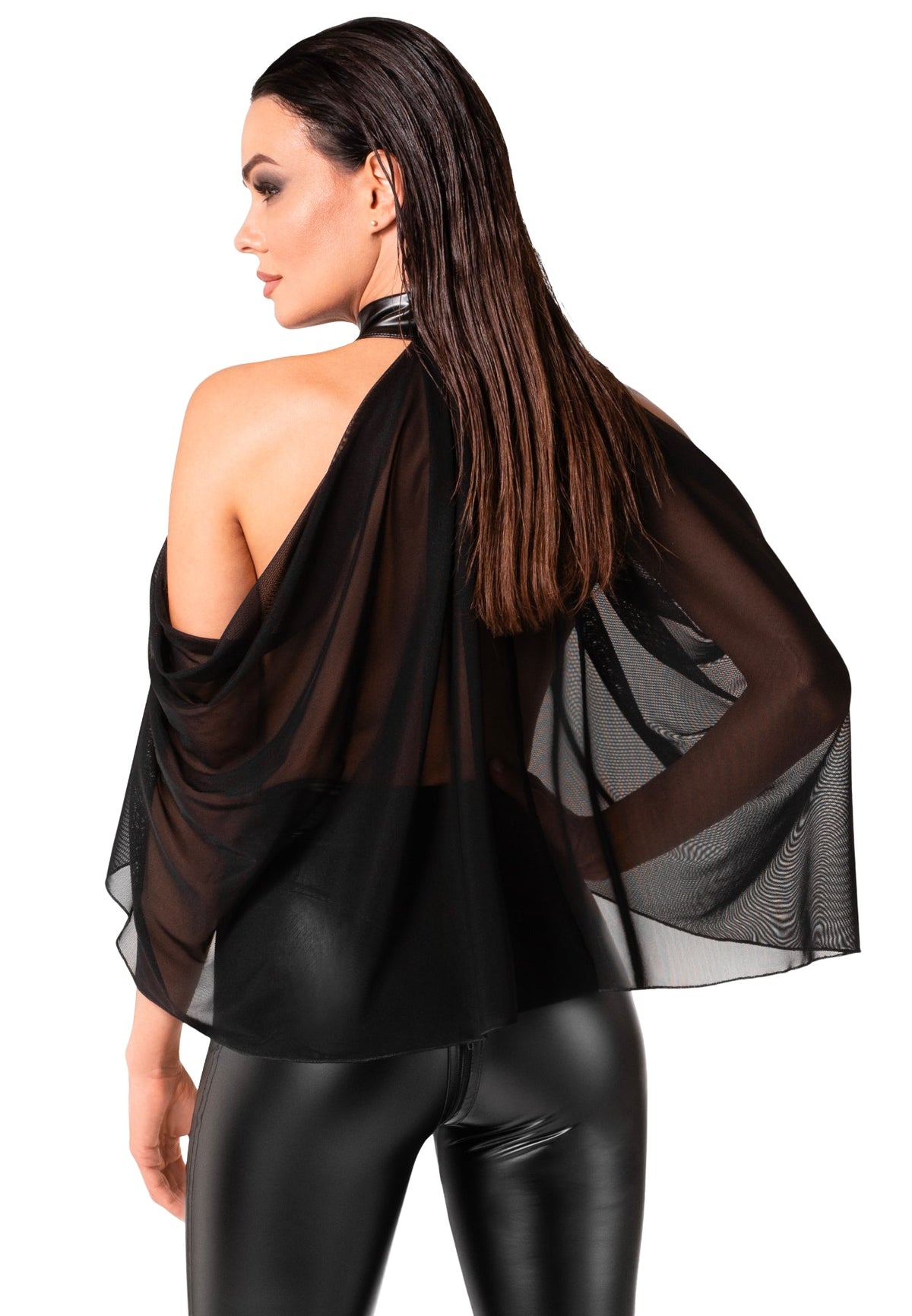 Black Opium tulle bolero with draped back, rear view.