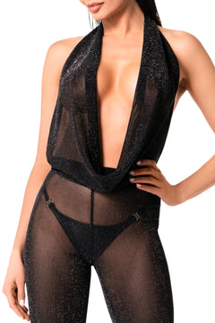 Black Luminara shiny tulle jumpsuit, draped neckline and sheer-waist detail.