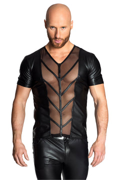 Men’s black wetlook T-shirt with sheer front panels and zipper, front view.