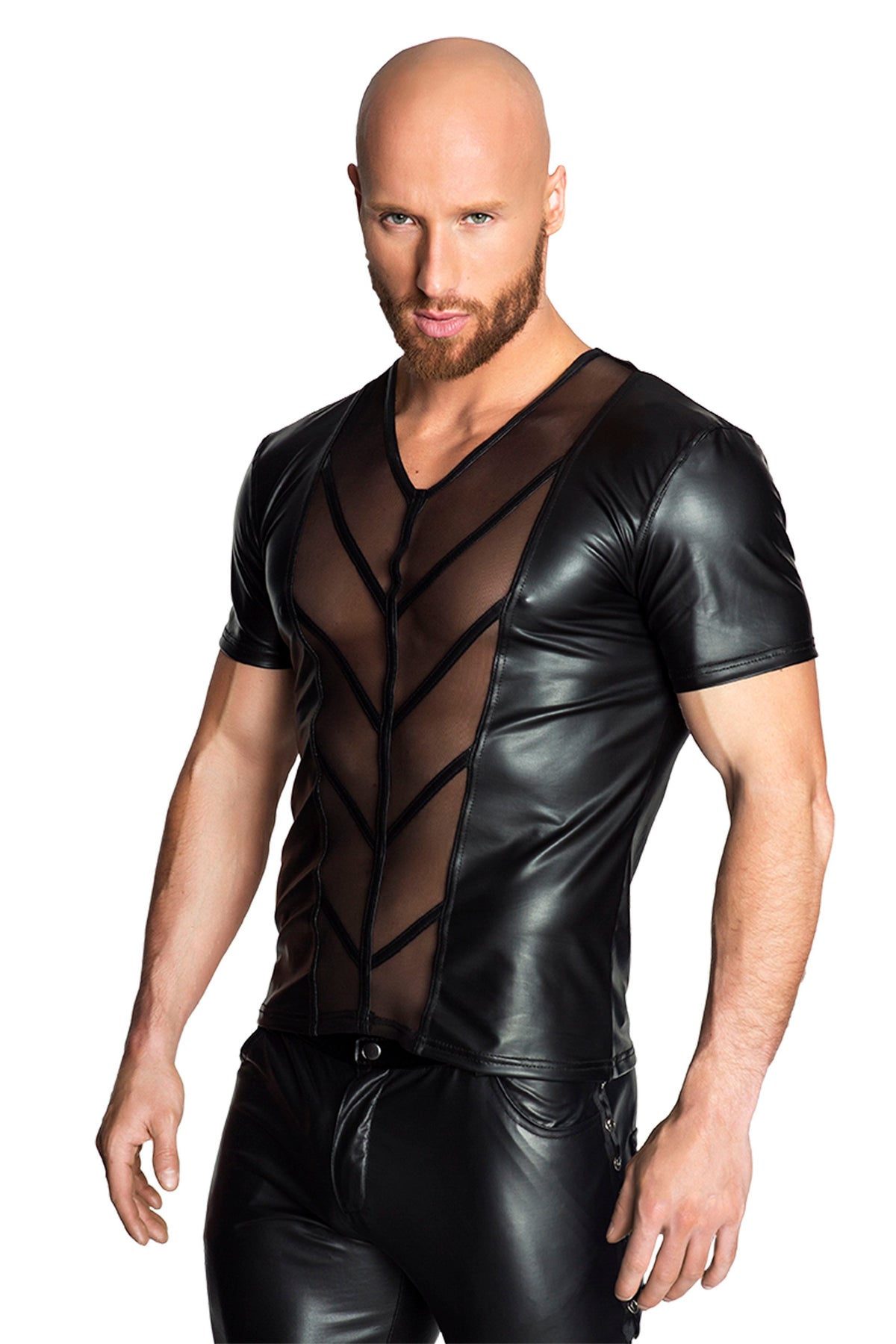 Men’s black wetlook T-shirt with sheer front panels and zipper, three-quarter front view.