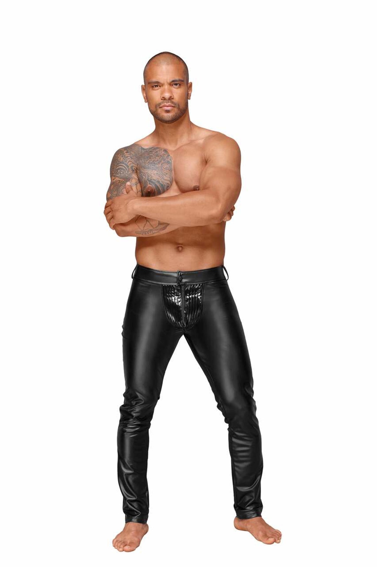 Men’s black wetlook trousers with decorative PVC pleats, full-length front view.