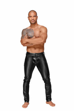 Men’s black wetlook trousers with decorative PVC pleats, full-length front view.