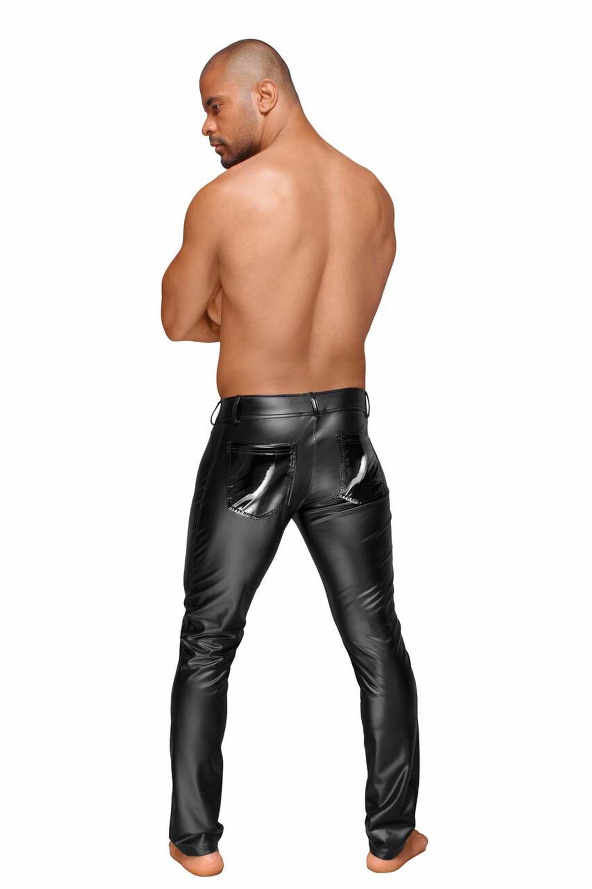 Men’s black wetlook trousers with PVC pocket details, rear view.