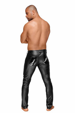 Men’s black wetlook trousers with PVC pocket details, rear view.