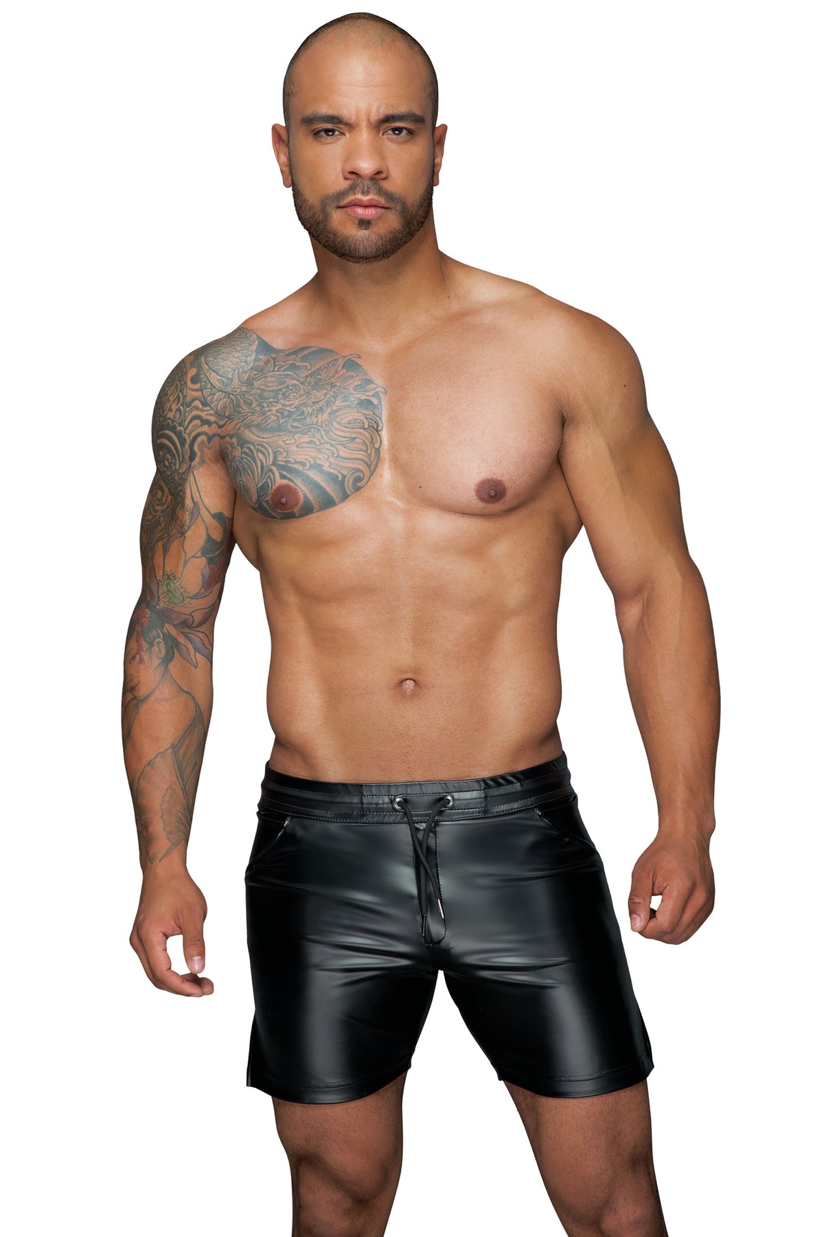 Men’s black long wetlook shorts, front view.