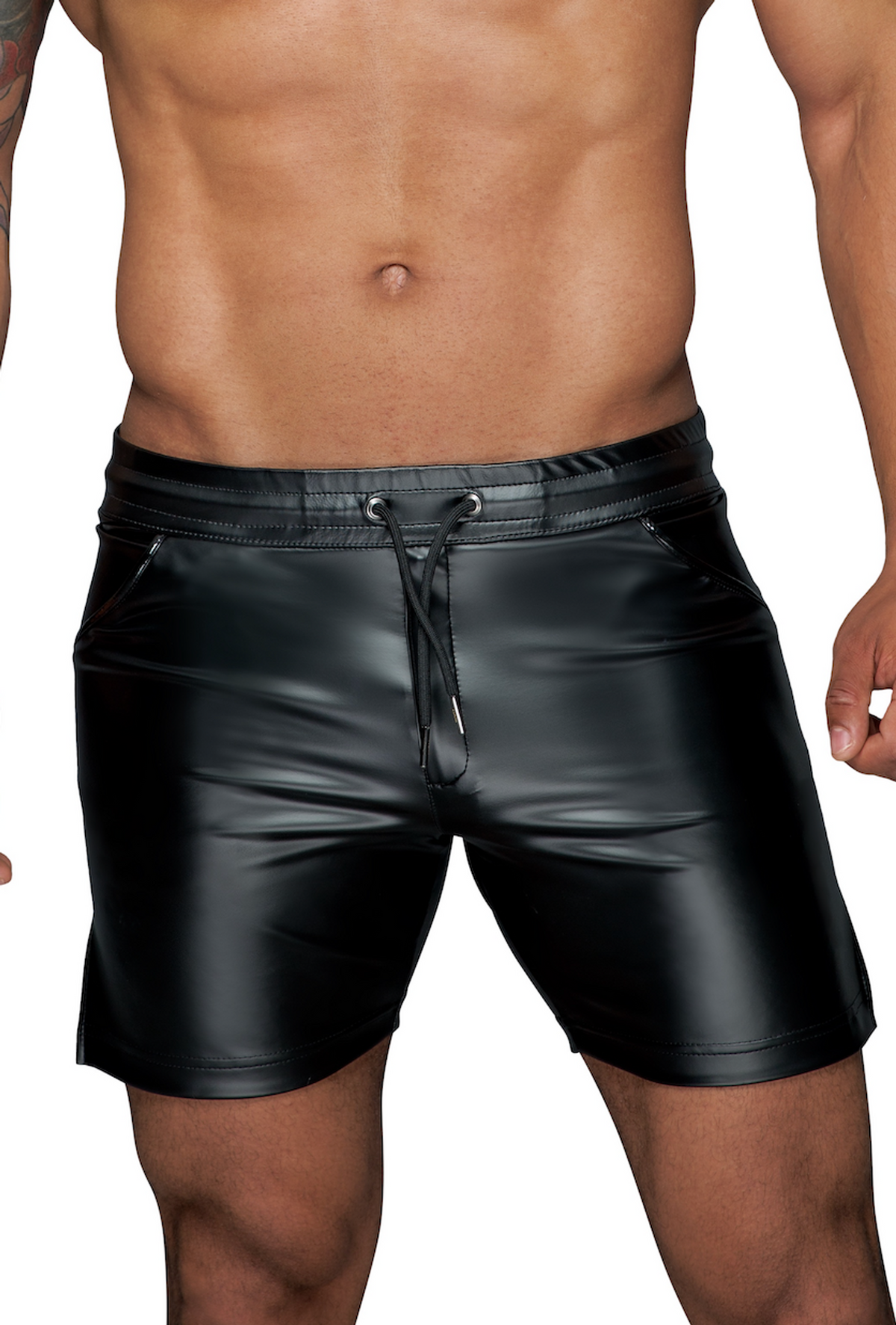 Men’s black long wetlook shorts, waistband and front-fastening detail.