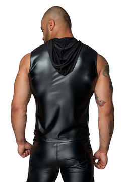 Men’s black sleeveless wetlook hoodie shirt, rear view.