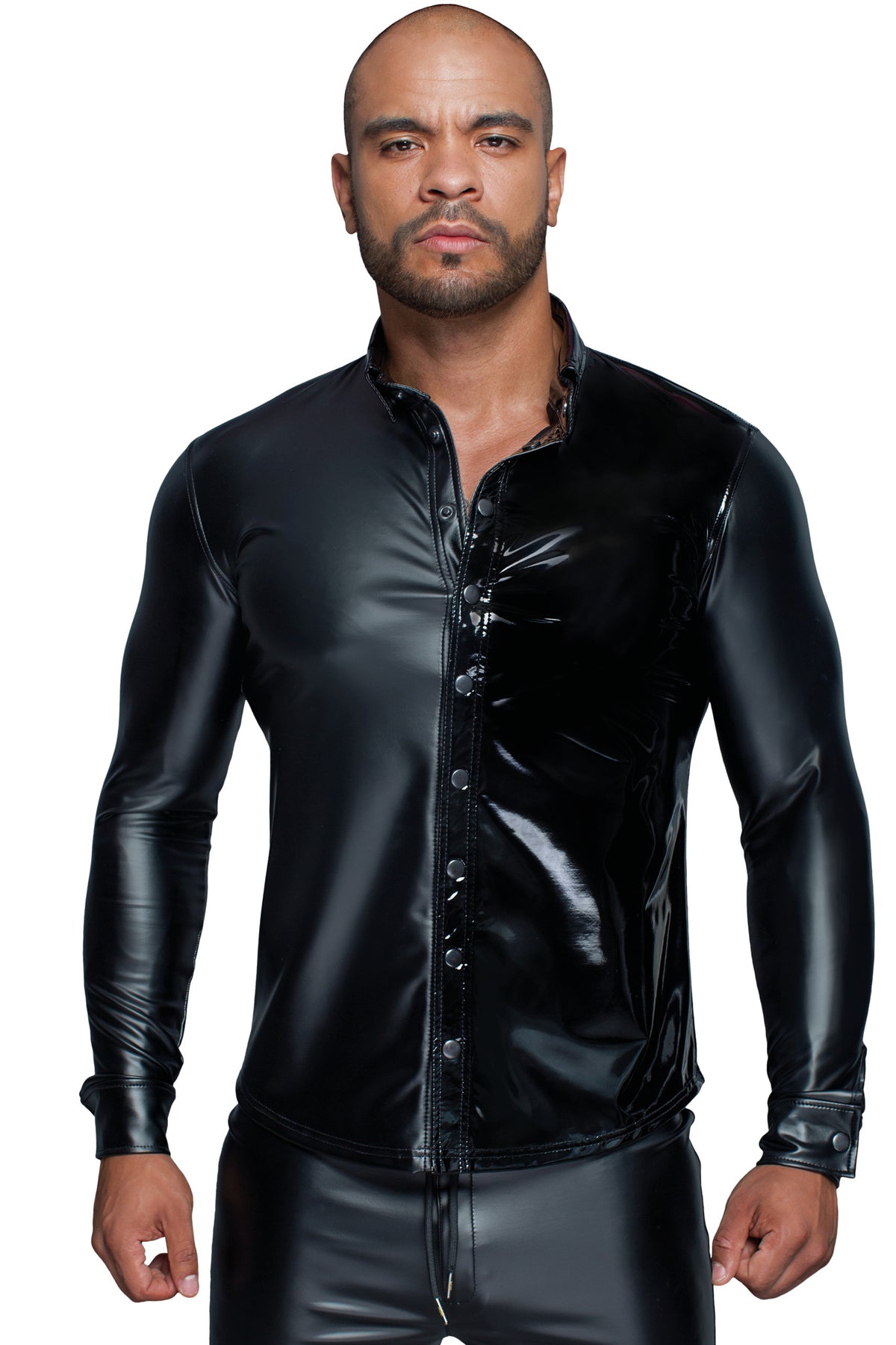 Men’s black long-sleeved wetlook and PVC shirt with buttons, front view.