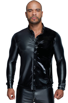 Men’s black long-sleeved wetlook and PVC shirt with buttons, front view.