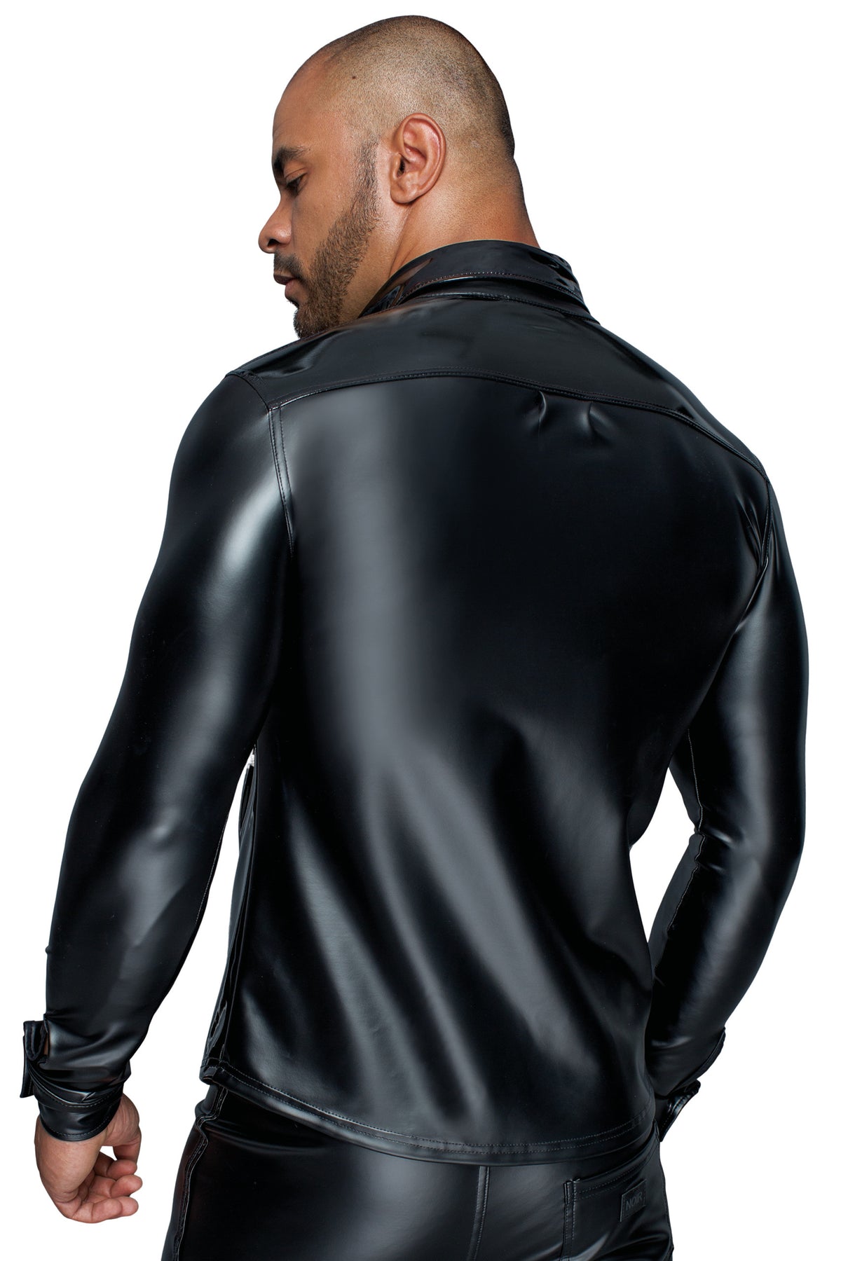 Men’s black long-sleeved wetlook and PVC button-front shirt, rear view.
