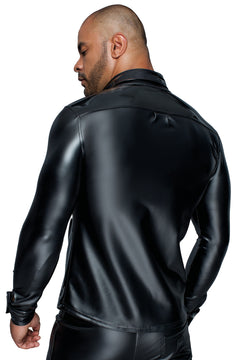 Men’s black long-sleeved wetlook and PVC button-front shirt, rear view.