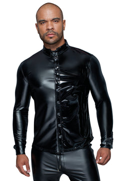Men’s black long-sleeved wetlook and PVC shirt, front view with collar fastened.