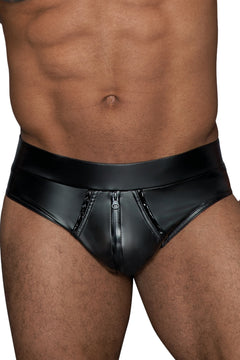 Men’s black PVC shorts with continuous zipper, front detail.