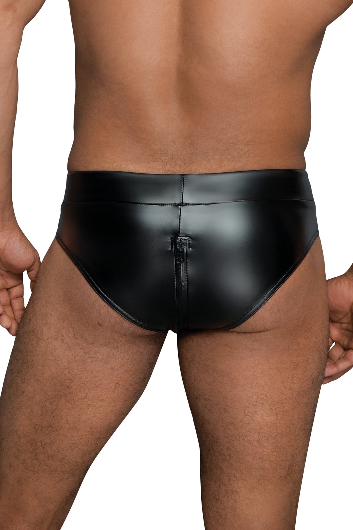 Men’s black PVC shorts with continuous zipper, rear detail.