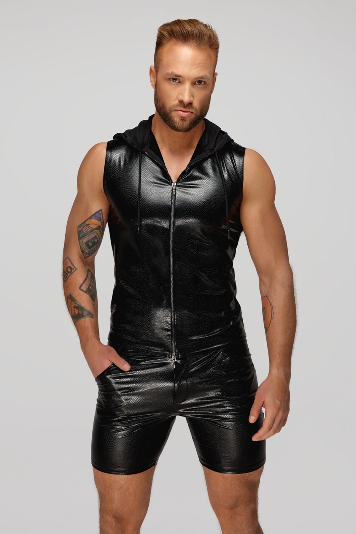 Men’s black snake-pattern wetlook sleeveless zip-up top with sheer hood, front view.
