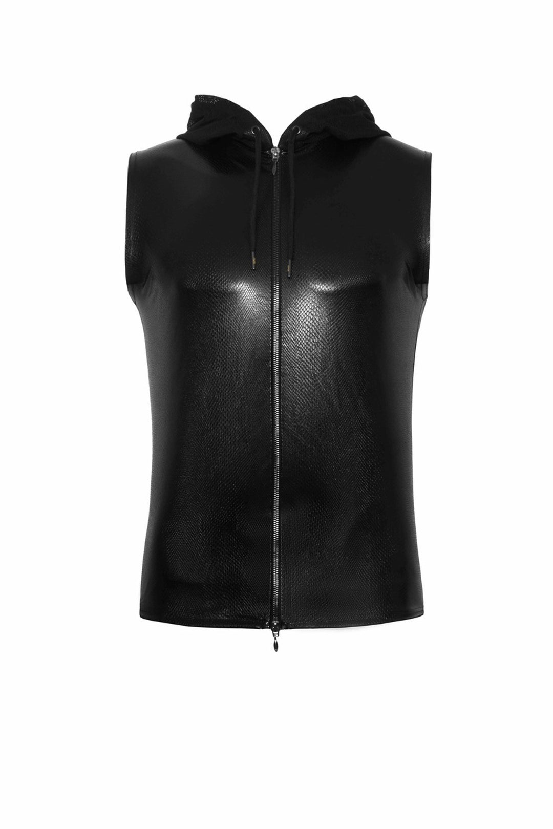 Snake wetlook sleeveless zip-up top with sheer hood