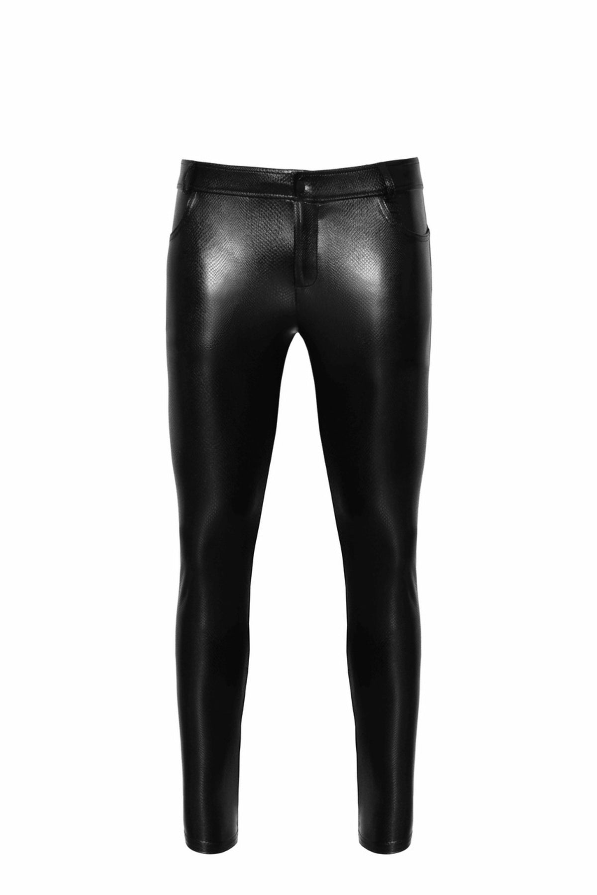 Men’s black snake-pattern wetlook trousers, flat front view.