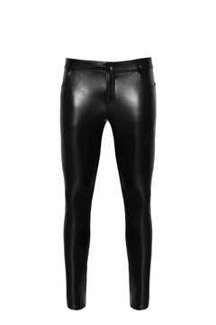 Men’s black snake-pattern wetlook trousers, flat front view.