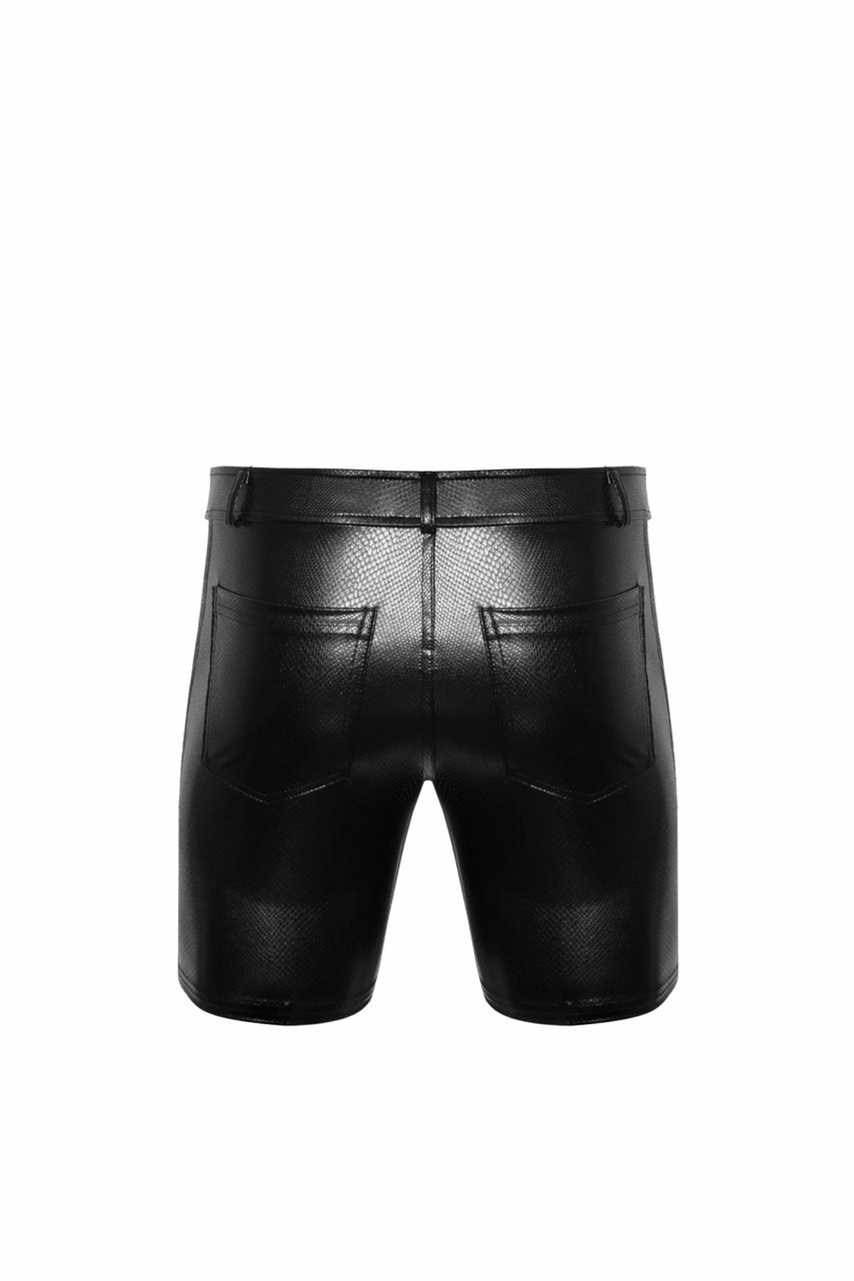 Men’s black snake-pattern wetlook shorts with back pockets, flat rear view.
