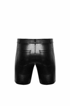 Men’s black snake-pattern wetlook shorts with back pockets, flat rear view.
