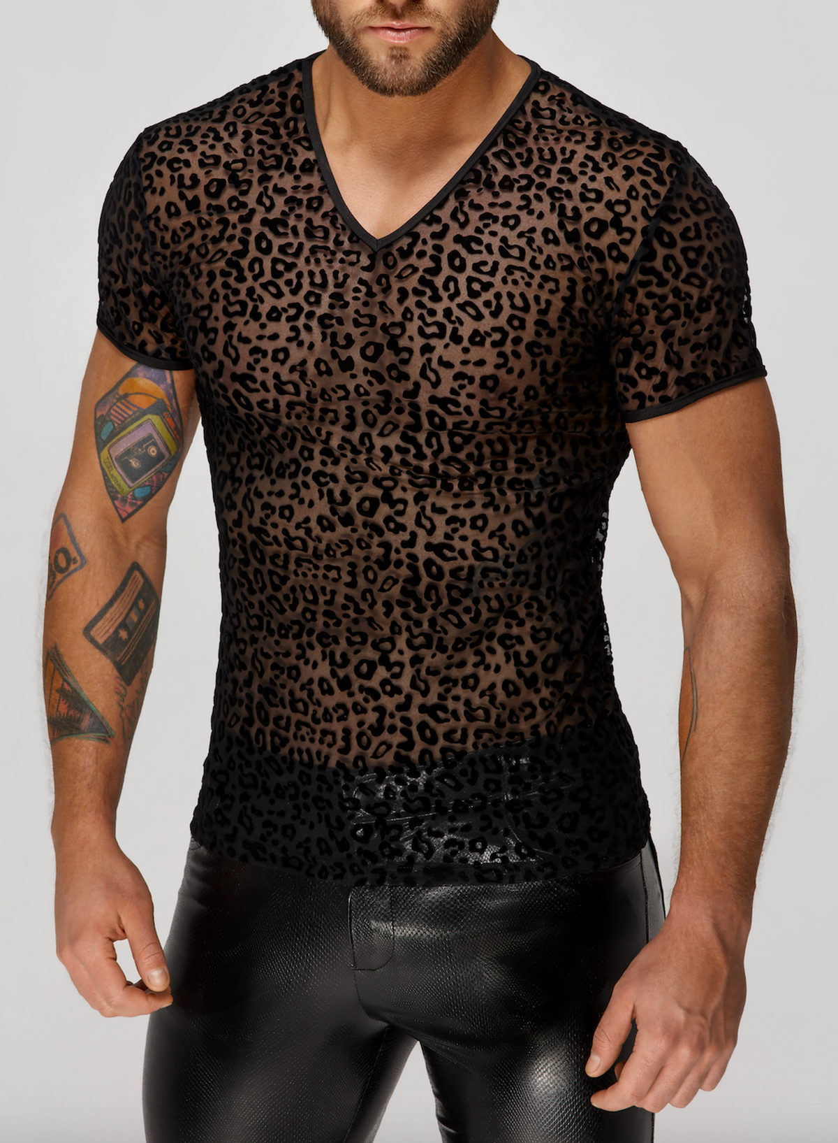 Men’s black leopard flock V-neck T-shirt, front detail.