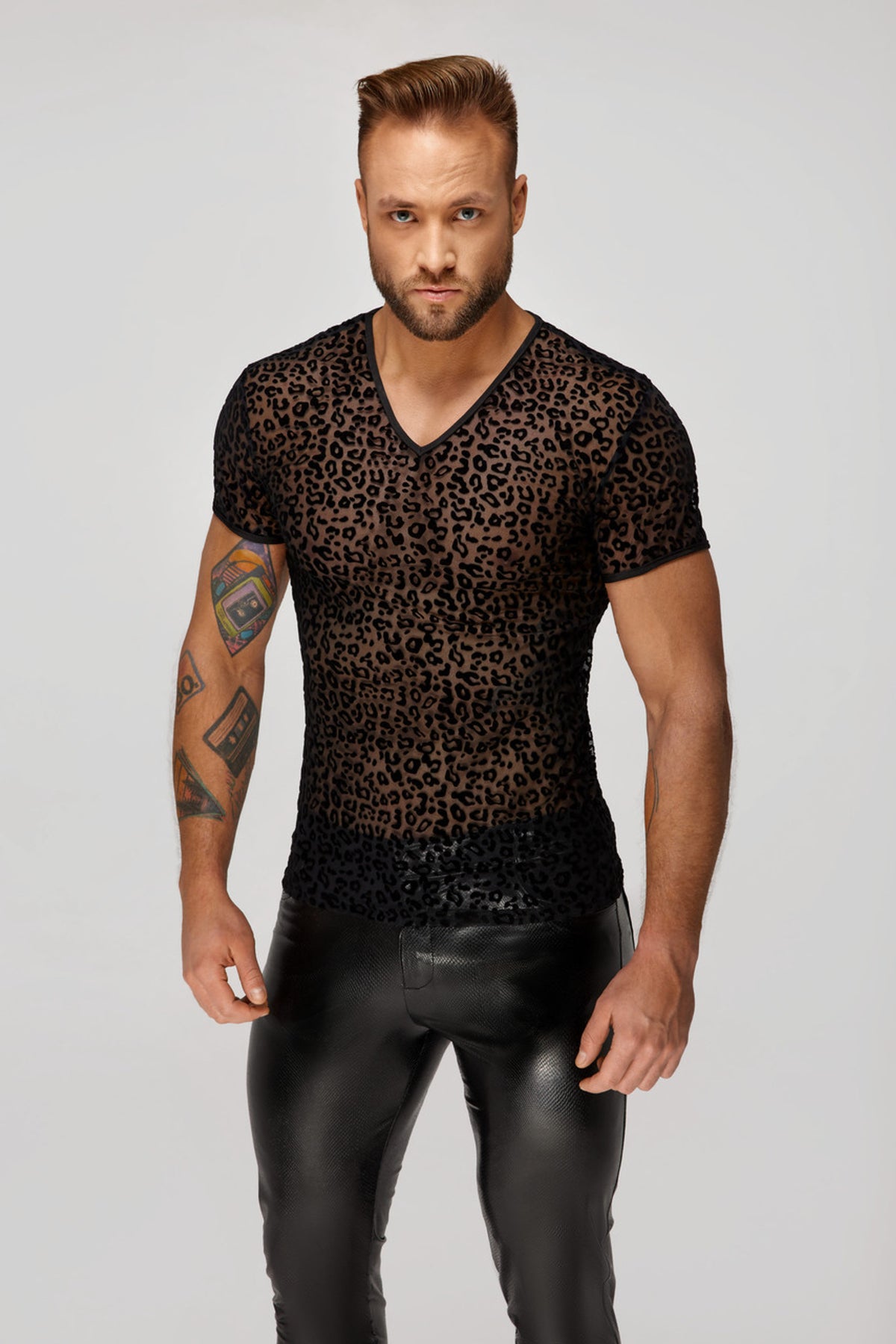 Men’s black leopard flock V-neck T-shirt, front view.