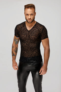 Men’s black leopard flock V-neck T-shirt, front view.
