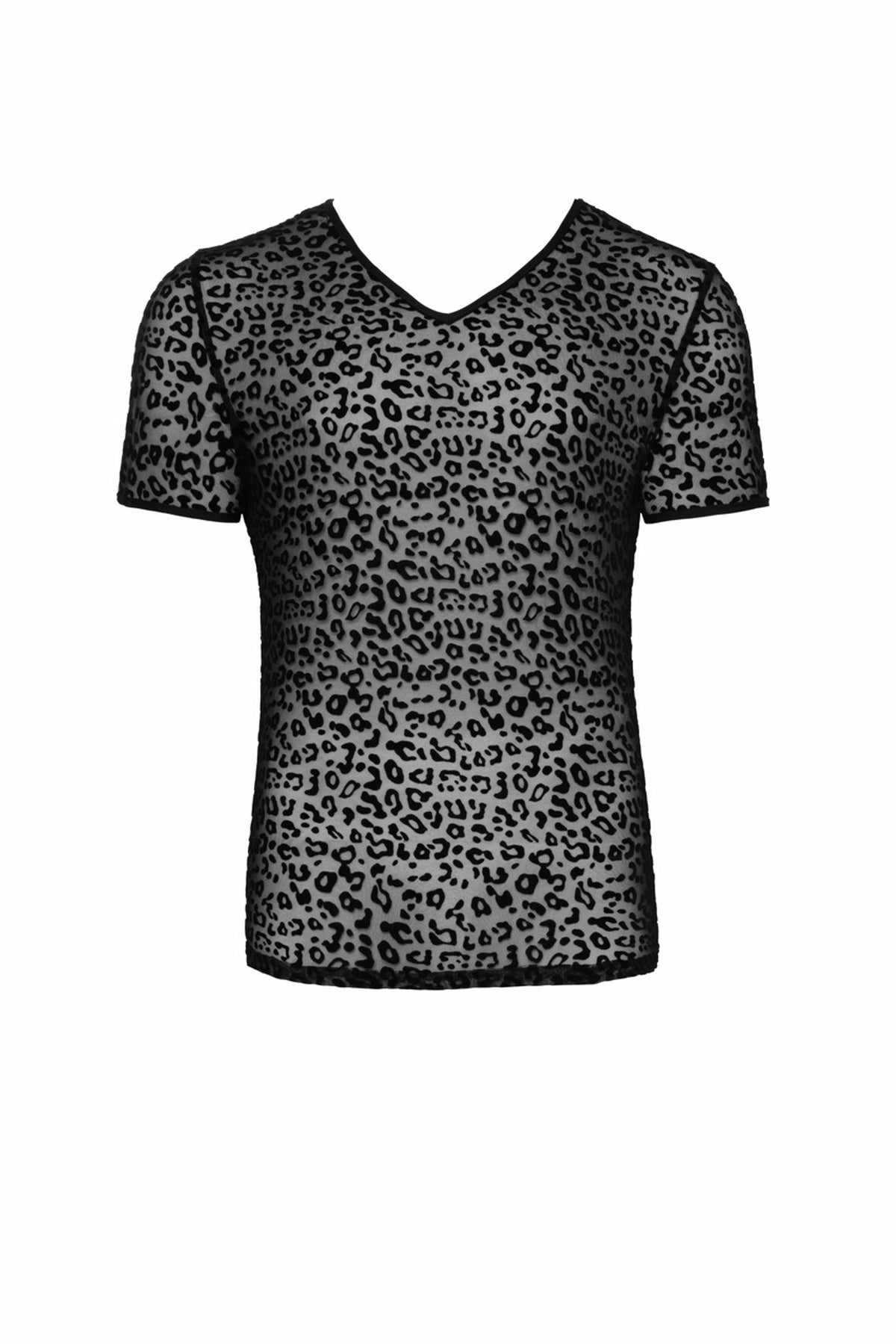 Men’s black leopard flock V-neck T-shirt, flat front view.