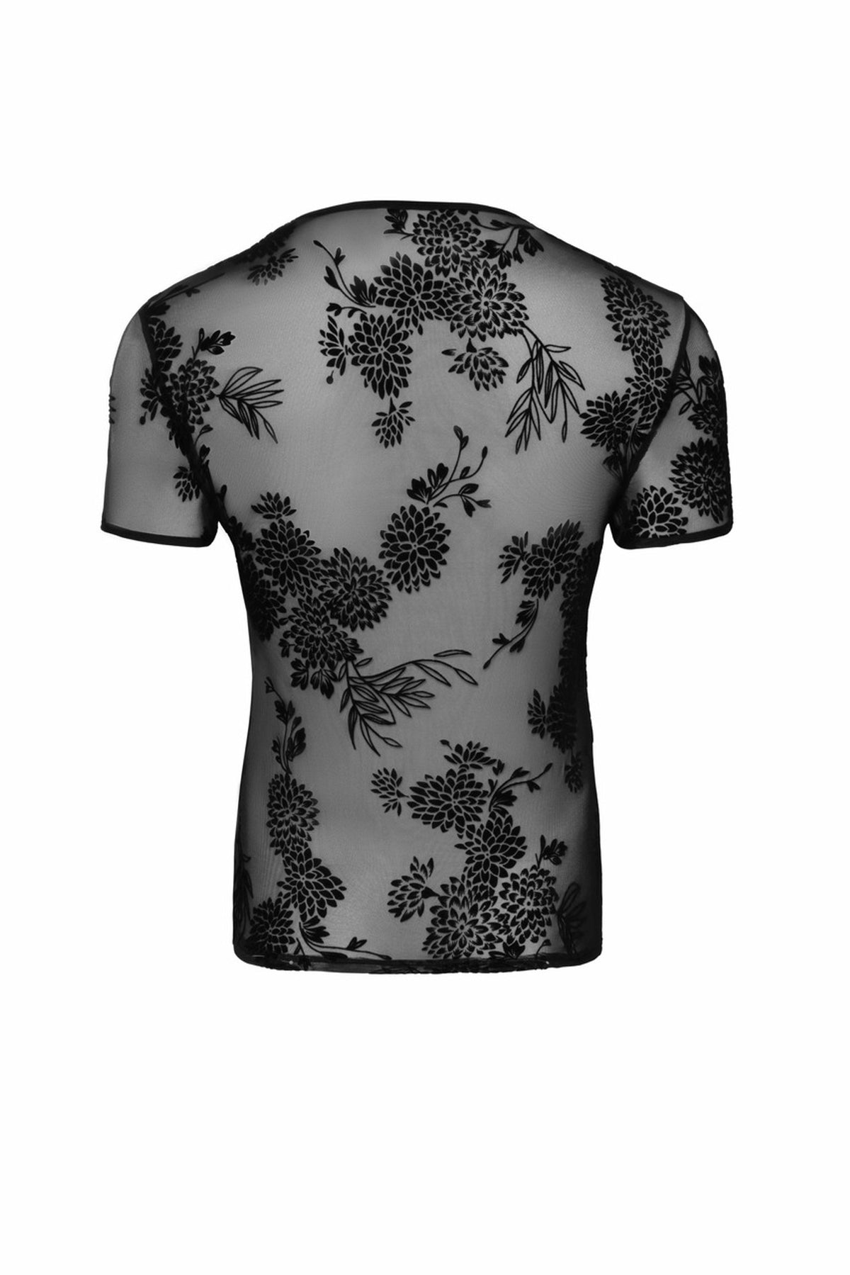 Men’s black floral flock T-shirt, flat rear view.