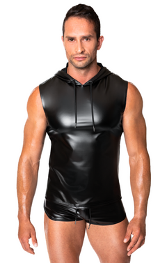 Men’s black Frenzy sleeveless wetlook hoodie, styled with shorts.