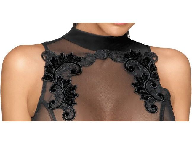 Black sleeveless dress with floral embroidery on the sheer tulle bodice, neckline detail.