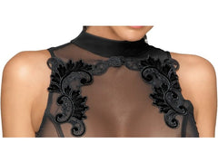 Black sleeveless dress with floral embroidery on the sheer tulle bodice, neckline detail.