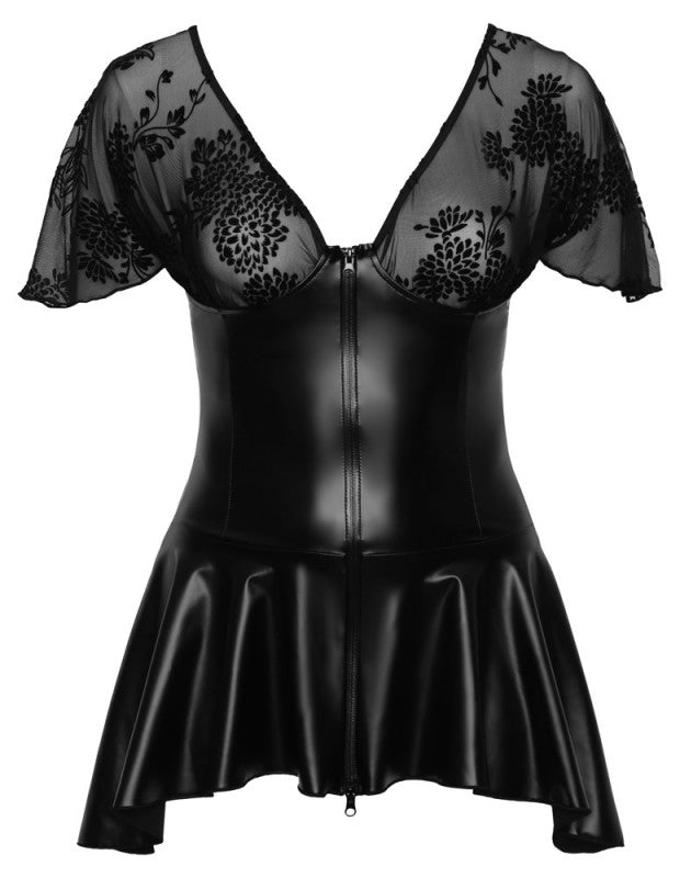 Black Curve dress with sheer floral bodice and wetlook skirt, flat front view.