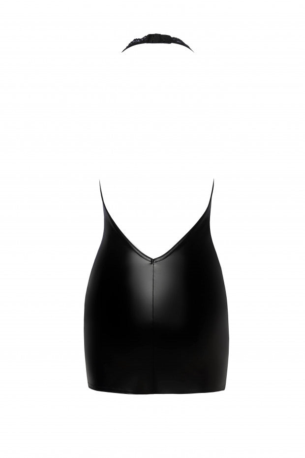 Black wetlook mini dress with plunging back, flat rear view.
