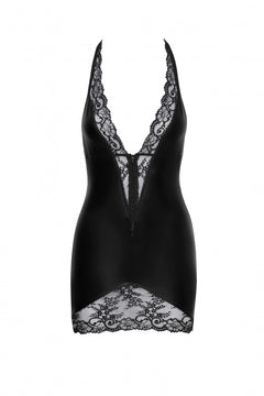 Black wetlook mini dress with lace-trimmed neckline and hem, flat front view.
